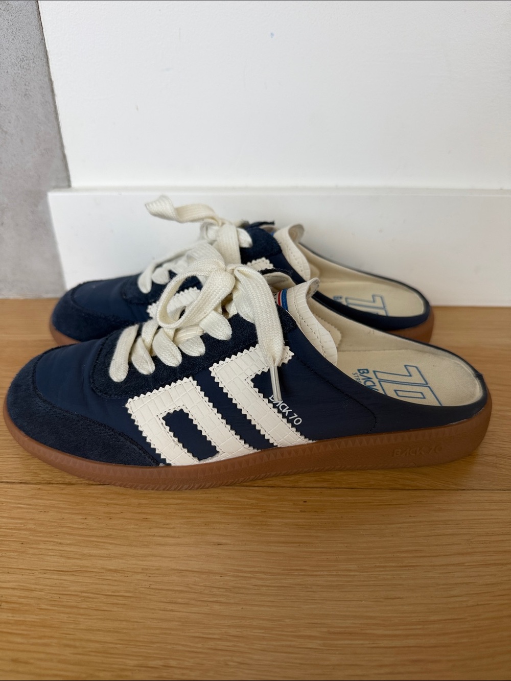 Navy and Cream Women's Casual Mules - Classic Lace Detail